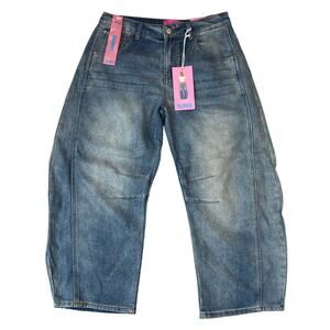 TELEPATIA Barrel Jeans Women Junior 9/29 Blue Vintage Wash Y2K Baggy Faded NWT